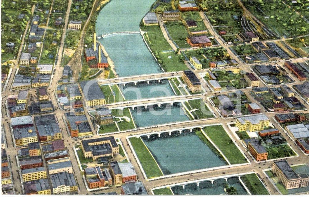 Cartolina originale da collezione 1918 DES MOINES IOWA USA Veduta aerea ponti e distretto finanziario FP VG 1