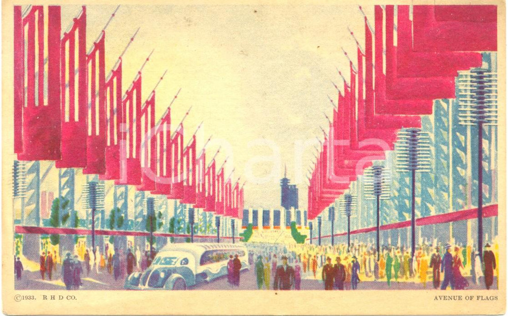 Cartolina originale da collezione 1933 CHICAGO, ILLINOIS USA A Century of Progress Avenue of FLAGS ILLUSTRATA 1