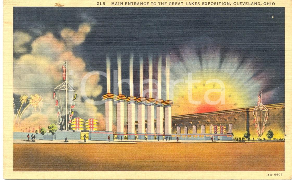 Cartolina originale da collezione 1936 CLEVELAND USA Ingresso principale GREAT LAKES Exposition ILLUSTRATA 1