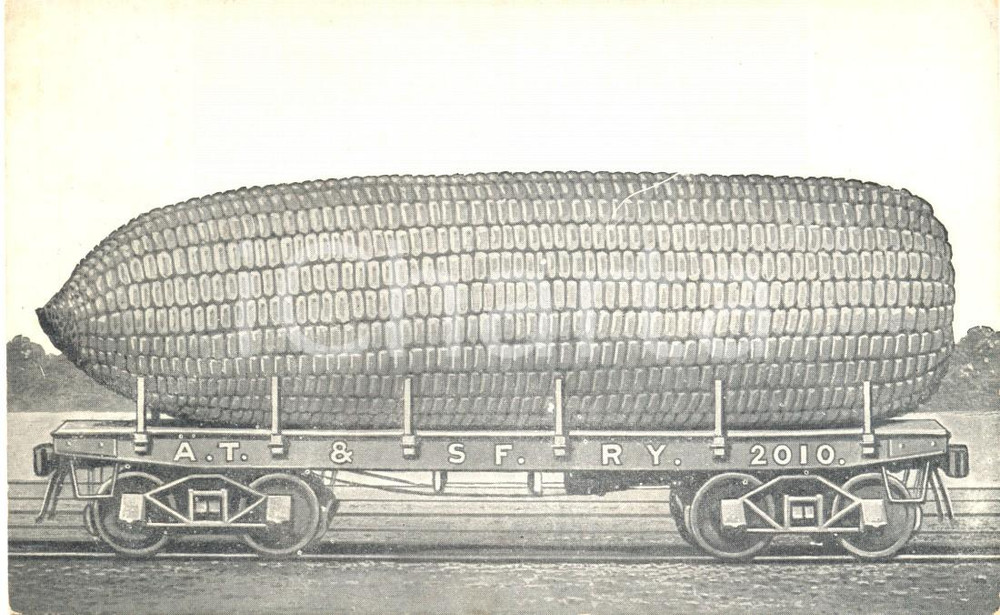 Cartolina originale da collezione 1910 ca A.T. & S.F. RY Pannocchia gigante su vagone carro merci Cartolina FP NV 1