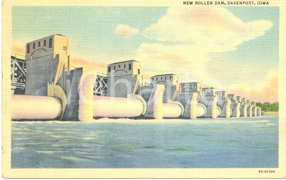 Cartolina originale da collezione 1941 DAVENPORT IOWA USA Il NEW ROLLER DAM sul MISSISSIPPI Cartolina FP VG 1