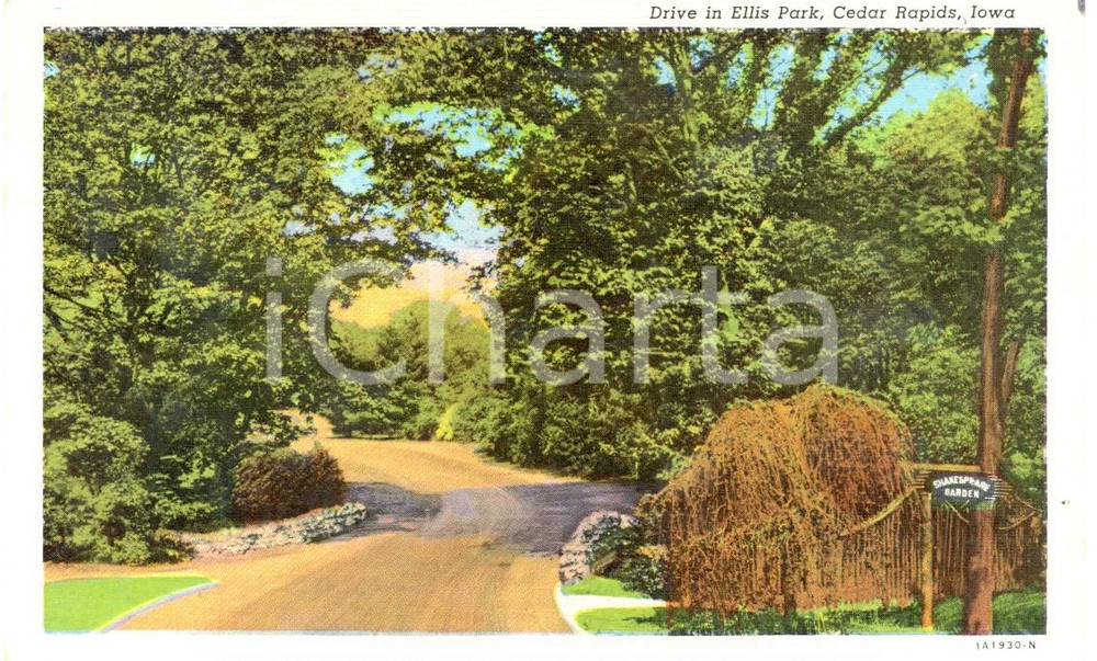 Cartolina originale da collezione 1944 CEDAR RAPIDS, IOWA USA Drive in ELLIS PARK and Shakespeare Garden 1