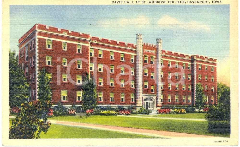 Cartolina originale da collezione 1946 DAVENPORT, IOWA USA DAVIS HALL at St. AMBROSE College Cartolina FP VG 1