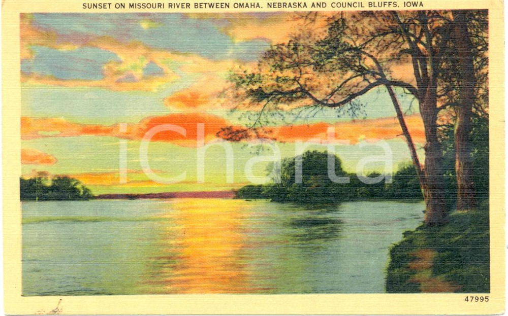 Cartolina originale da collezione 1943 COUNCIL BLUFFS, IOWA USA Tramonto sul fiume MISSOURI verso OMAHA FP VG 1