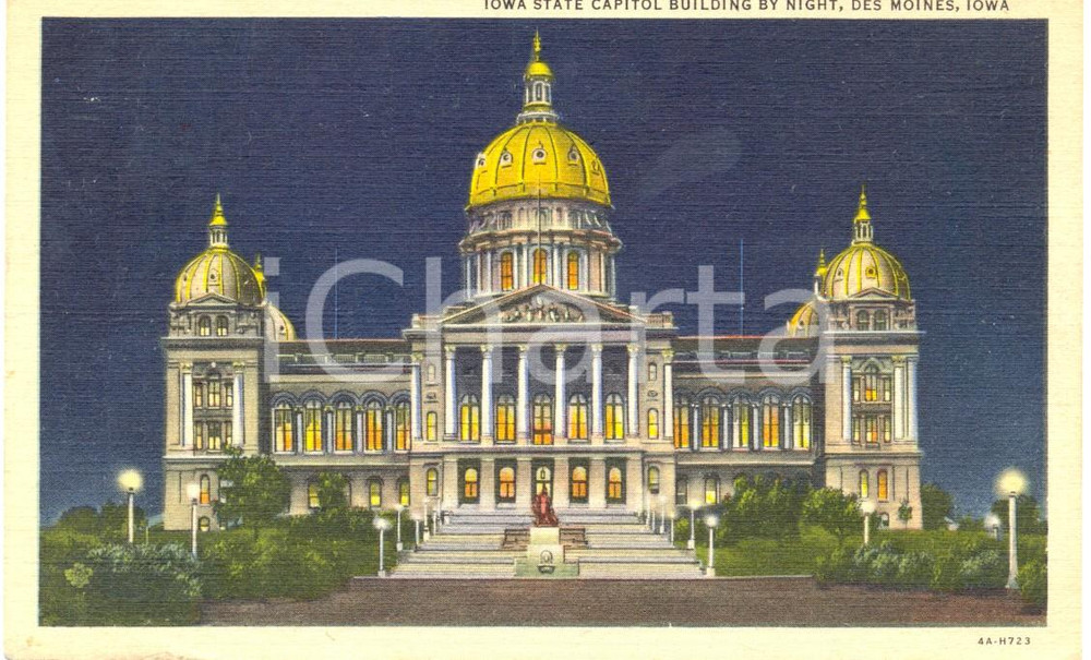 Cartolina originale da collezione 1948 DES MOINES, IOWA USA STATE CAPITOL Building by night Cartolina FP NV 1