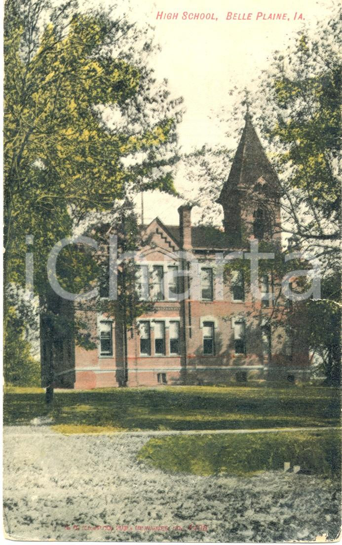 Cartolina originale da collezione 1907 BELLE PLAINE, IOWA USA Scorcio della HIGH SCHOOL Cartolina FP VG 1