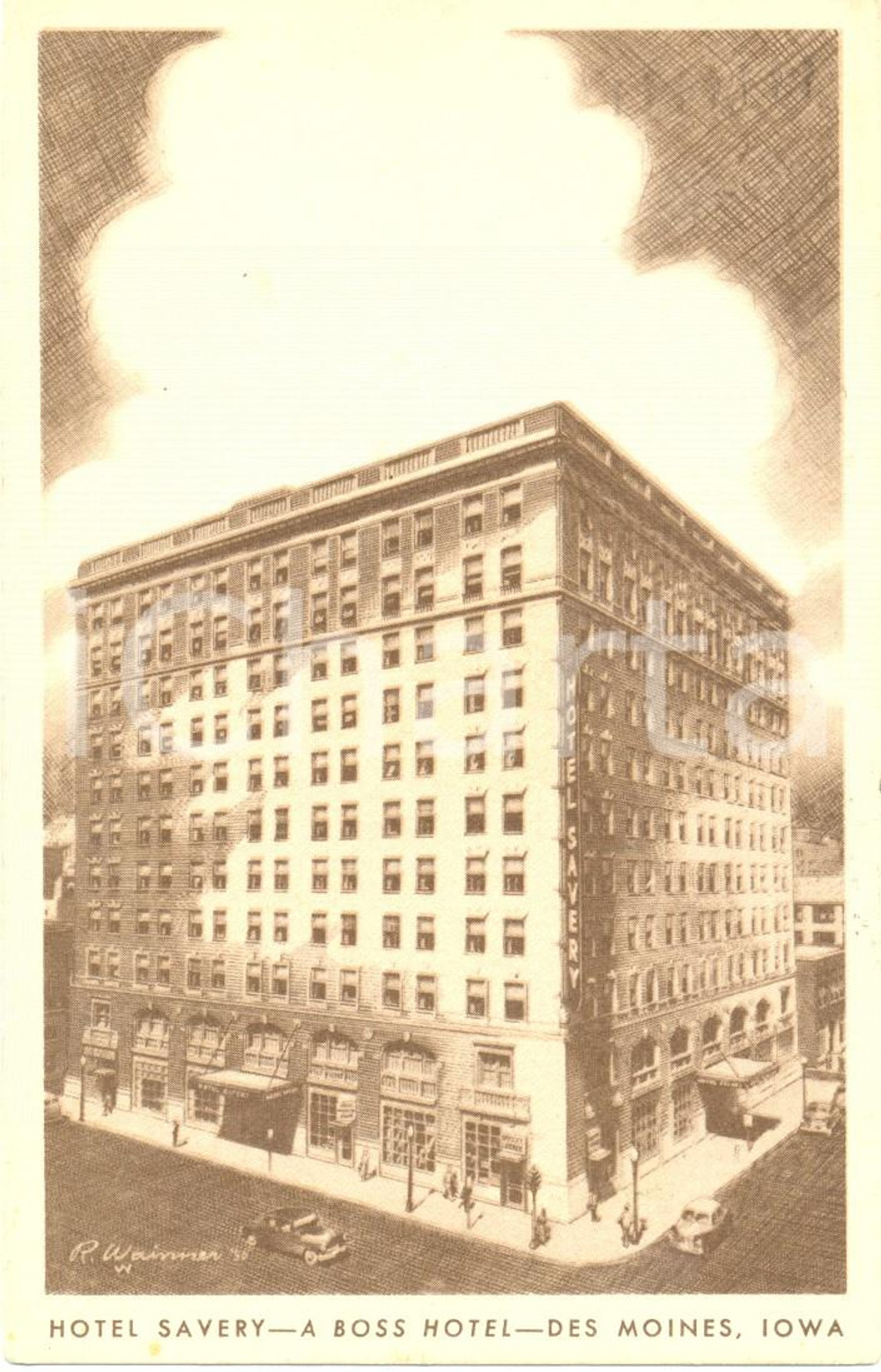 Cartolina originale da collezione 1954 DES MOINES, IOWA USA L Hotel SAVERY A Boss Hotel Cartolina FP VG 1