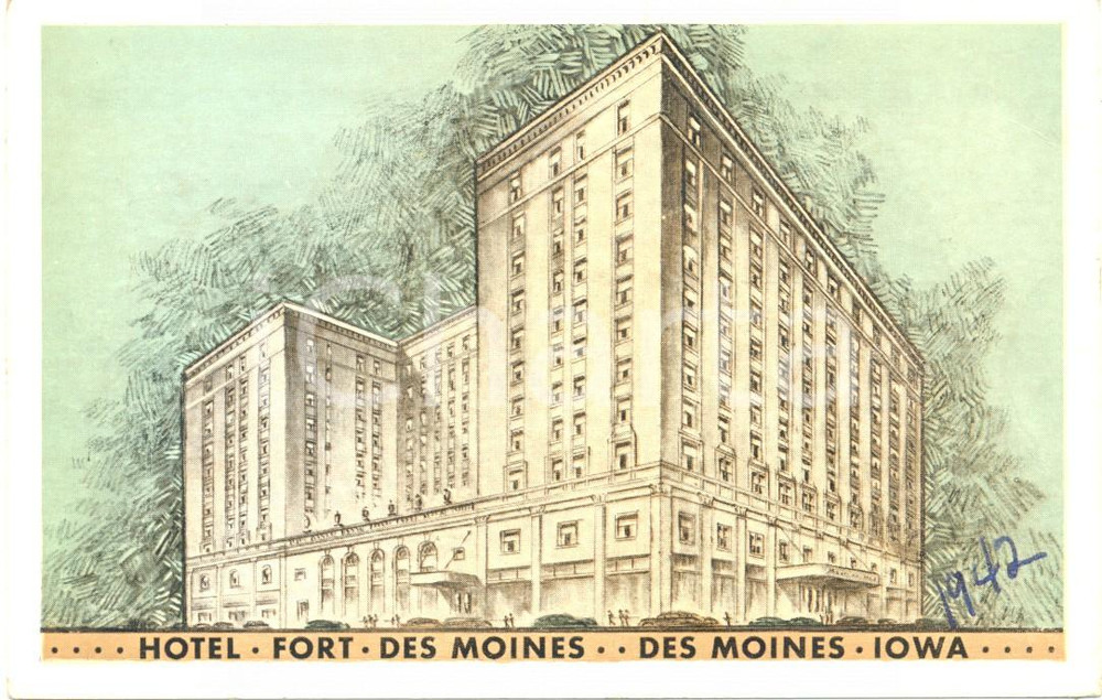 Cartolina originale da collezione 1942 DES MOINES USA Hotel FORT DES MOINES Largest most distinguished FP VG 1
