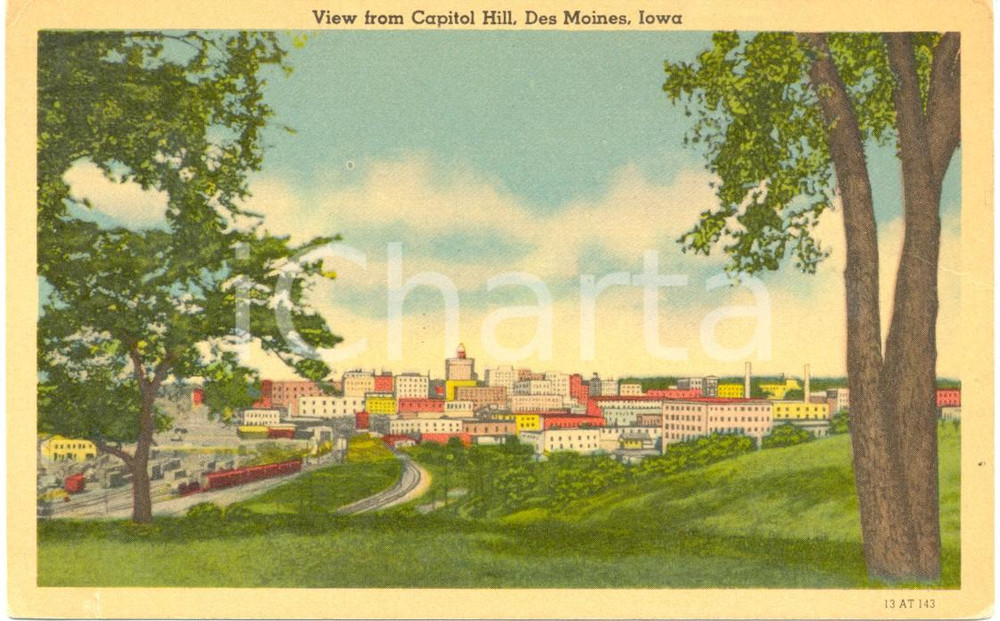 Cartolina originale da collezione 1930 ca DES MOINES, IOWA USA Veduta della cittÃ  da CAPITOL HILL FP NV 1