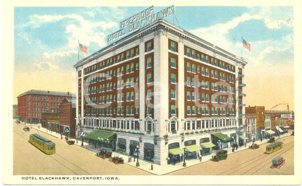 Cartolina originale da collezione 1930 ca DAVENPORT, IOWA USA Fireproof Hotel BLACKHAWK Cartolina FP NV 1