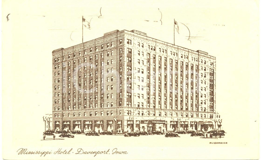 Cartolina originale da collezione 1950 DAVENPORT, IOWA Hotel MISSISSIPPI Good Food Refreshing Sleep ILLUSTRATA 1