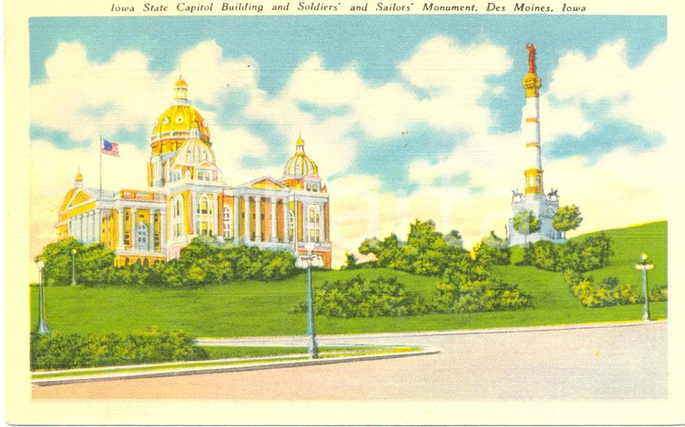 Cartolina originale da collezione 1930 ca DES MOINES USA IOWA STATE CAPITOL Building SOLDIERS SAILORS FP NV 1