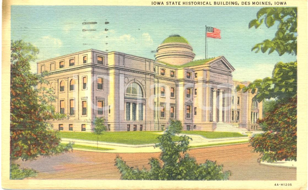 Cartolina originale da collezione 1950 DES MOINES, IOWA USA Veduta di lato STATE HISTORICAL BUILDING FP NV 1
