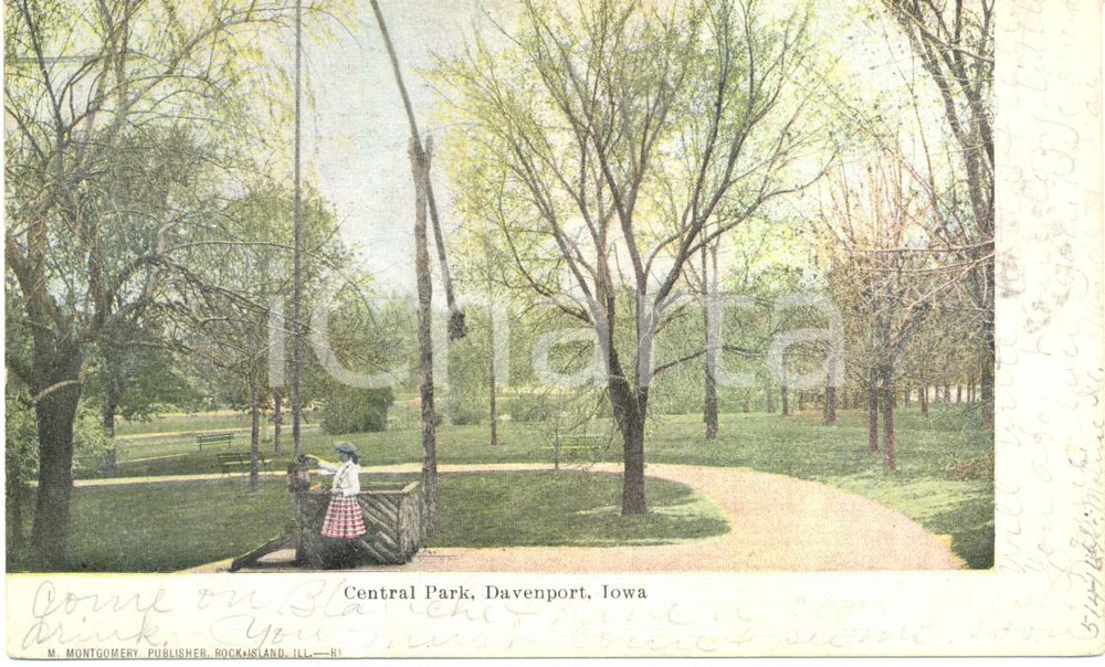 Cartolina originale da collezione 1907 DAVENPORT, IOWA USA Veduta di CENTRAL PARK Cartolina FP VG 1
