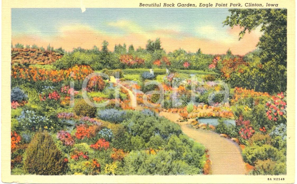 Cartolina originale da collezione 1940 ca CLINTON, IOWA USA Beautiful Rock Garden EAGLE POINT Park FP NV 1