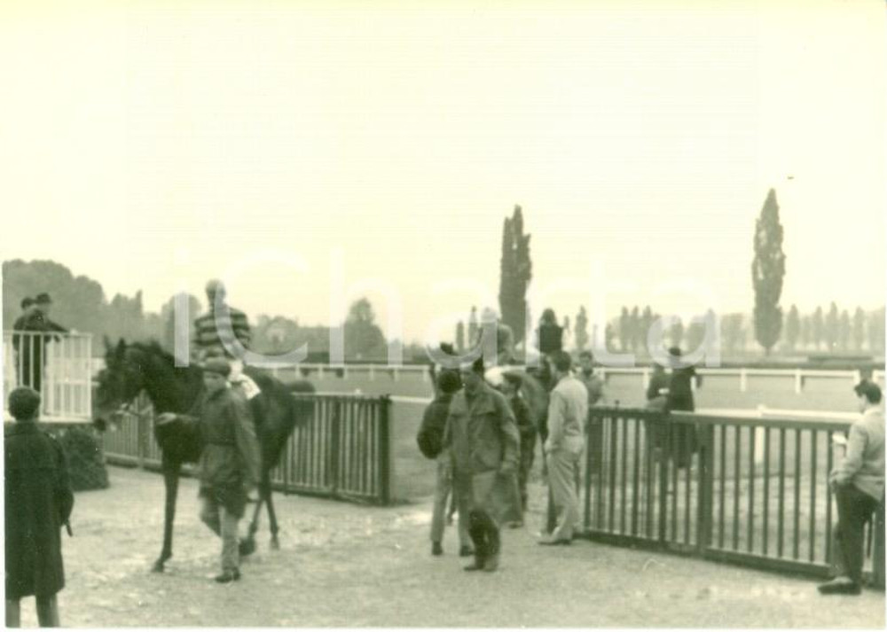 Fotografia d epoca originale 1963 MILANO Ippodromo trotto Rientro cavalli e fantini per pioggia Foto cm 10x7 1