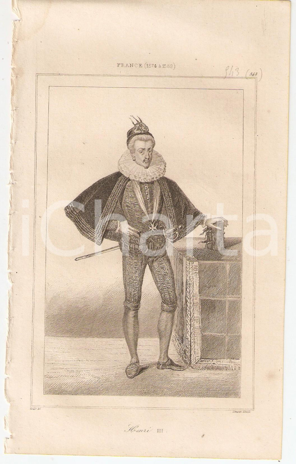Stampa, bozzetto originale 1840 FRANCE Roi Henri III Portrait  L Univers Stampa Inc. LEMAITRE 1
