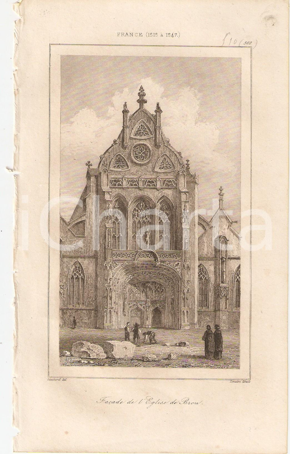 Stampa, bozzetto originale 1840 BOURGENBRESSE FRANCE Façade Eglise de BROU  L Univers Stampa LEMAITRE 1