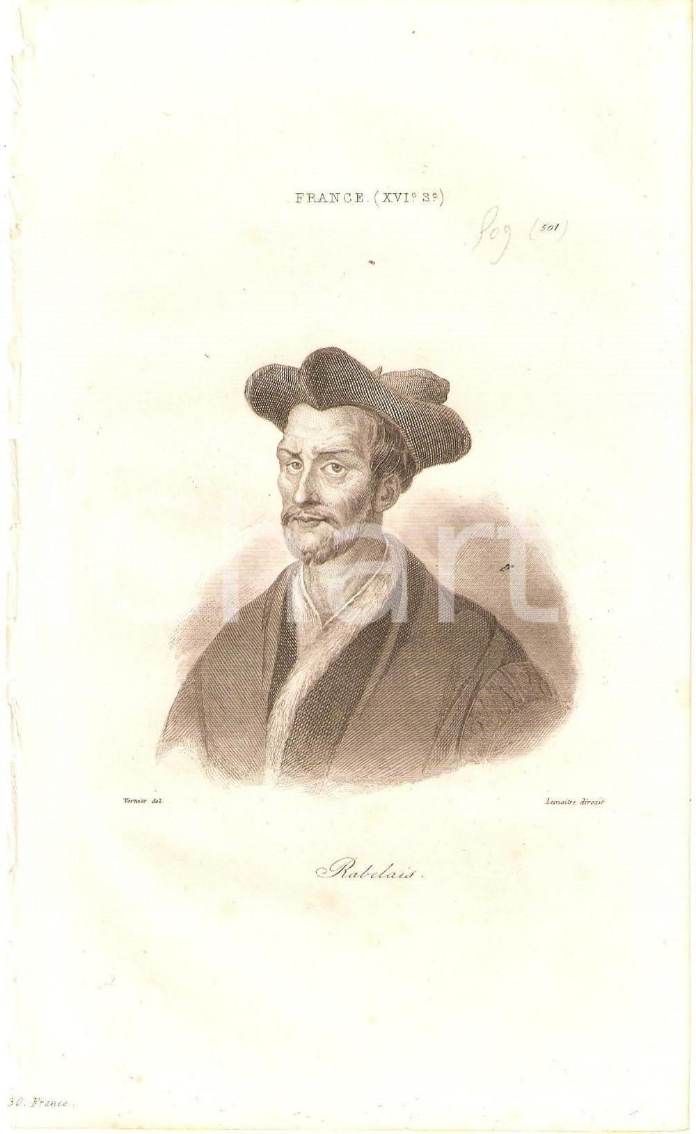 Stampa, bozzetto originale 1840 FRANCE FranÃ§ois RABELAIS Portrait  L Univers Stampa Inc. LEMAITRE 1