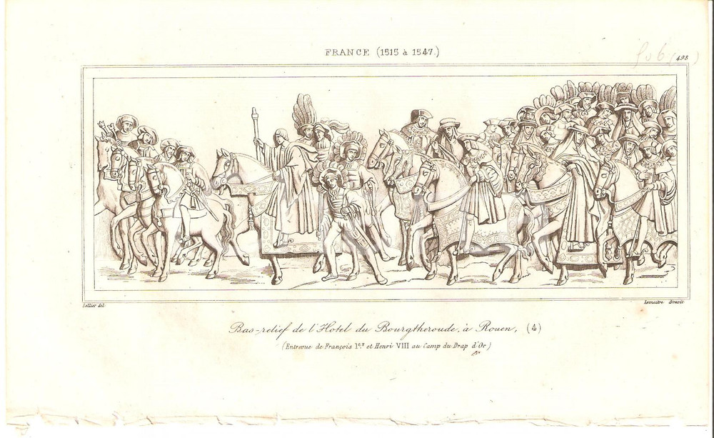 Stampa, bozzetto originale 1840 FRANCE Henri VIII et FranÃ§ois I  au CAMP DU DRAP D OR  L Univers Stampa 1