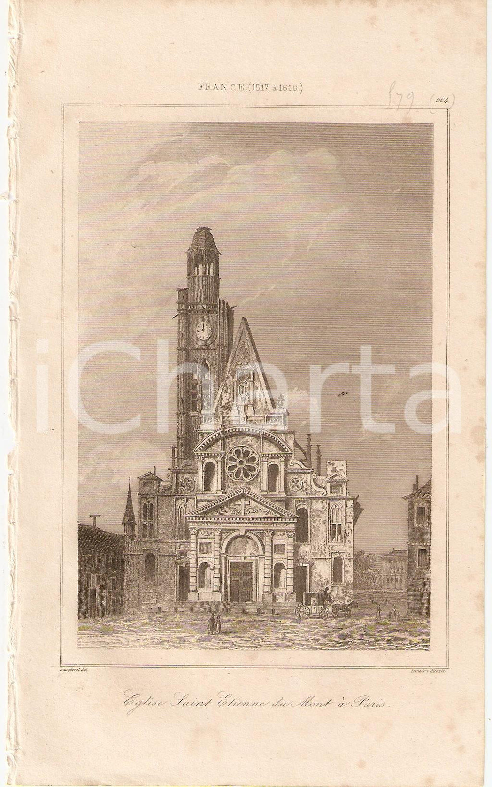 Stampa, bozzetto originale 1840 PARIS Eglise Saint Etienne du Mont  L Univers Stampa Inc. LEMAITRE 1