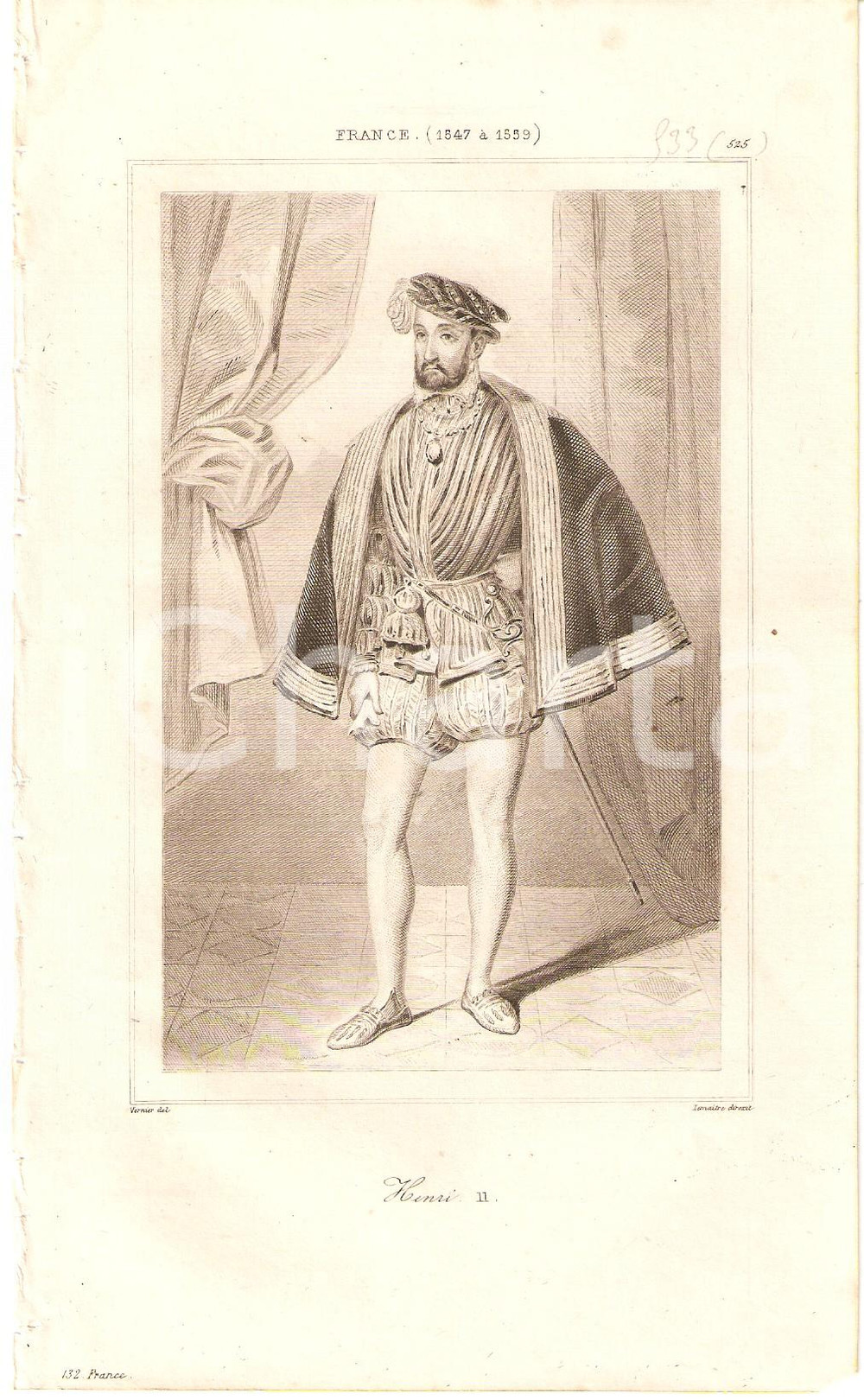Stampa, bozzetto originale 1840 FRANCE Roi Henri II Portrait  L Univers Stampa Inc. LEMAITRE 1