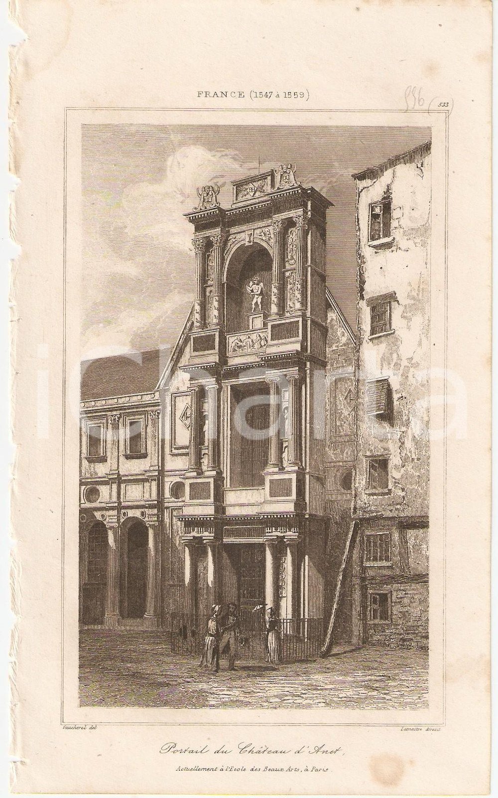 Stampa, bozzetto originale 1840 ANET FRANCE Portrait du Chateau  L Univers Stampa Inc. LEMAITRE 1