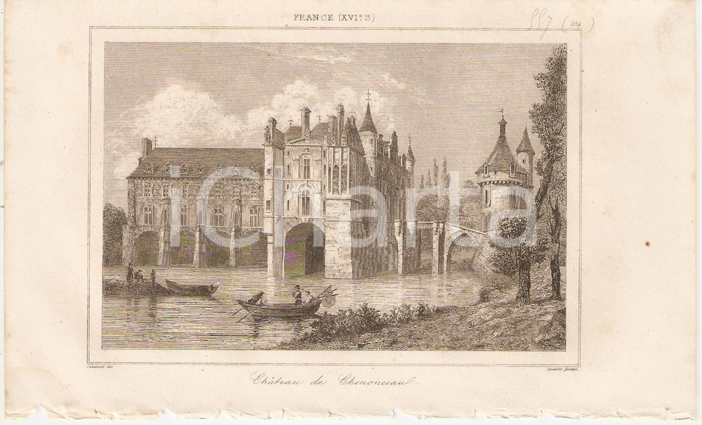 Stampa, bozzetto originale 1840 CHENONCEAUX FRANCE Chateau de Chenonceau  L Univers Stampa Inc. LEMAITRE 1