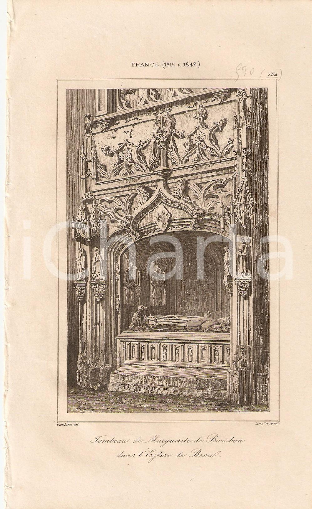 Stampa, bozzetto originale 1840 BOURGENBRESSE FRANCE Tombeau Marguerite de Bourbon  L Univers Stampa 1