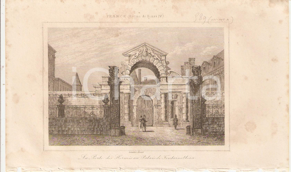 Stampa, bozzetto originale 1840 FONTAINEBLEAU FRANCE Porte des HermÃ¨s au Palais  L Univers Stampa 1