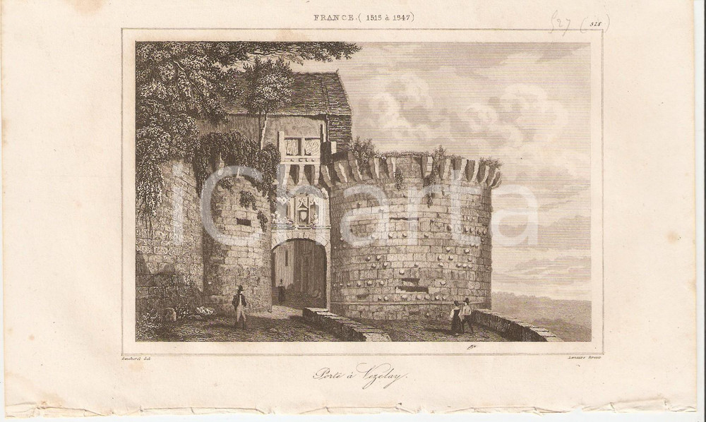 Stampa, bozzetto originale 1840 VEZELAY FRANCE Porte de la ville L Univers Stampa Inc. LEMAITRE 1