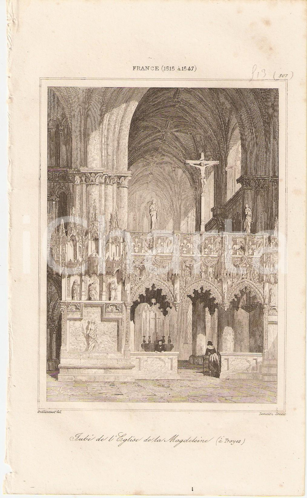 Stampa, bozzetto originale 1840 TROYES FRANCE Jubé de la Cathédrale de la Magdaleine  L Univers Stampa 1
