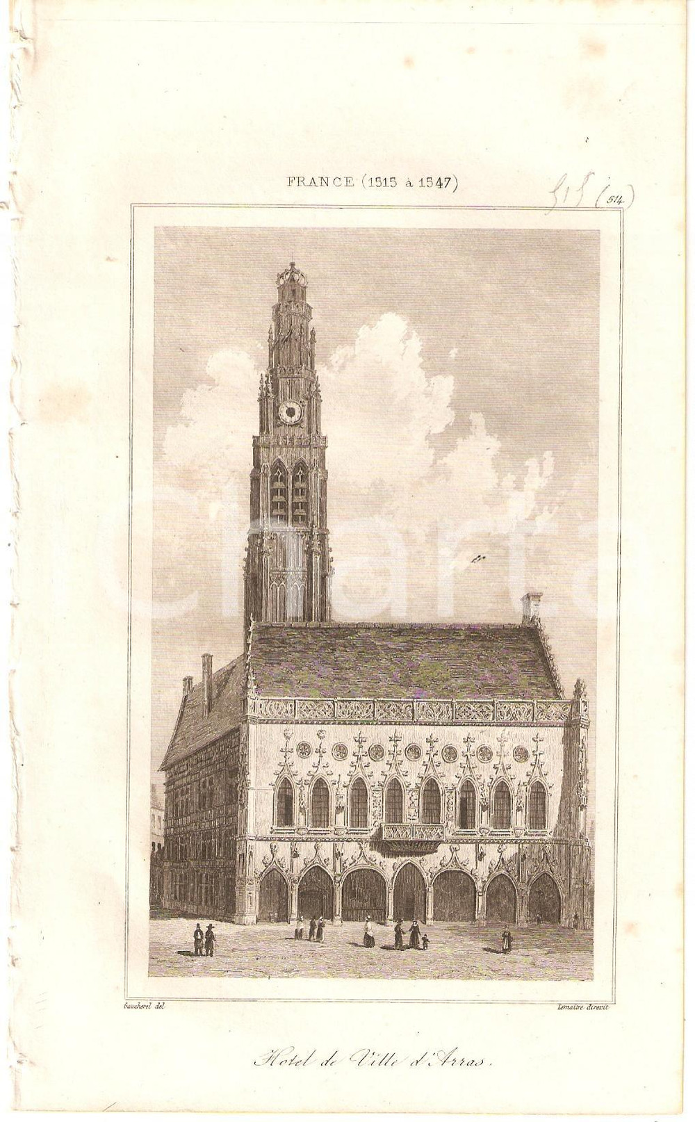 Stampa, bozzetto originale 1840 ARRAS FRANCE Hotel de Ville  L Univers Stampa Inc. LEMAITRE 1