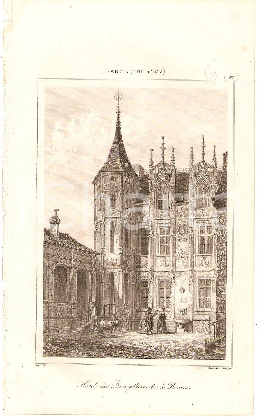 Stampa, bozzetto originale 1840 ROUEN FRANCE Hotel du BOURGTHEROUDE  L Univers Stampa Inc. LEMAITRE 1