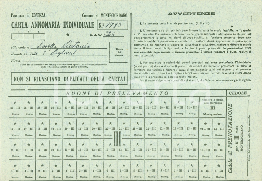 Documento originale, autentico 1940 MONTEGIORDANO CS Carta annonaria individuale Antonio LAVOLPE 1