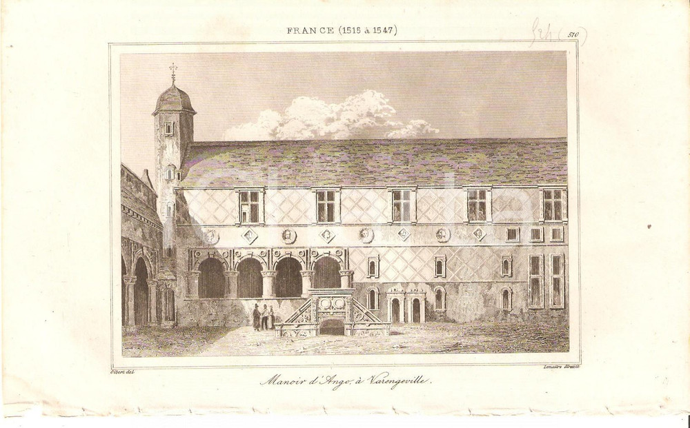 Stampa, bozzetto originale 1840 VARENGEVILLESURMER FRANCE Manoir d Ango  L Univers Stampa LEMAITRE 1