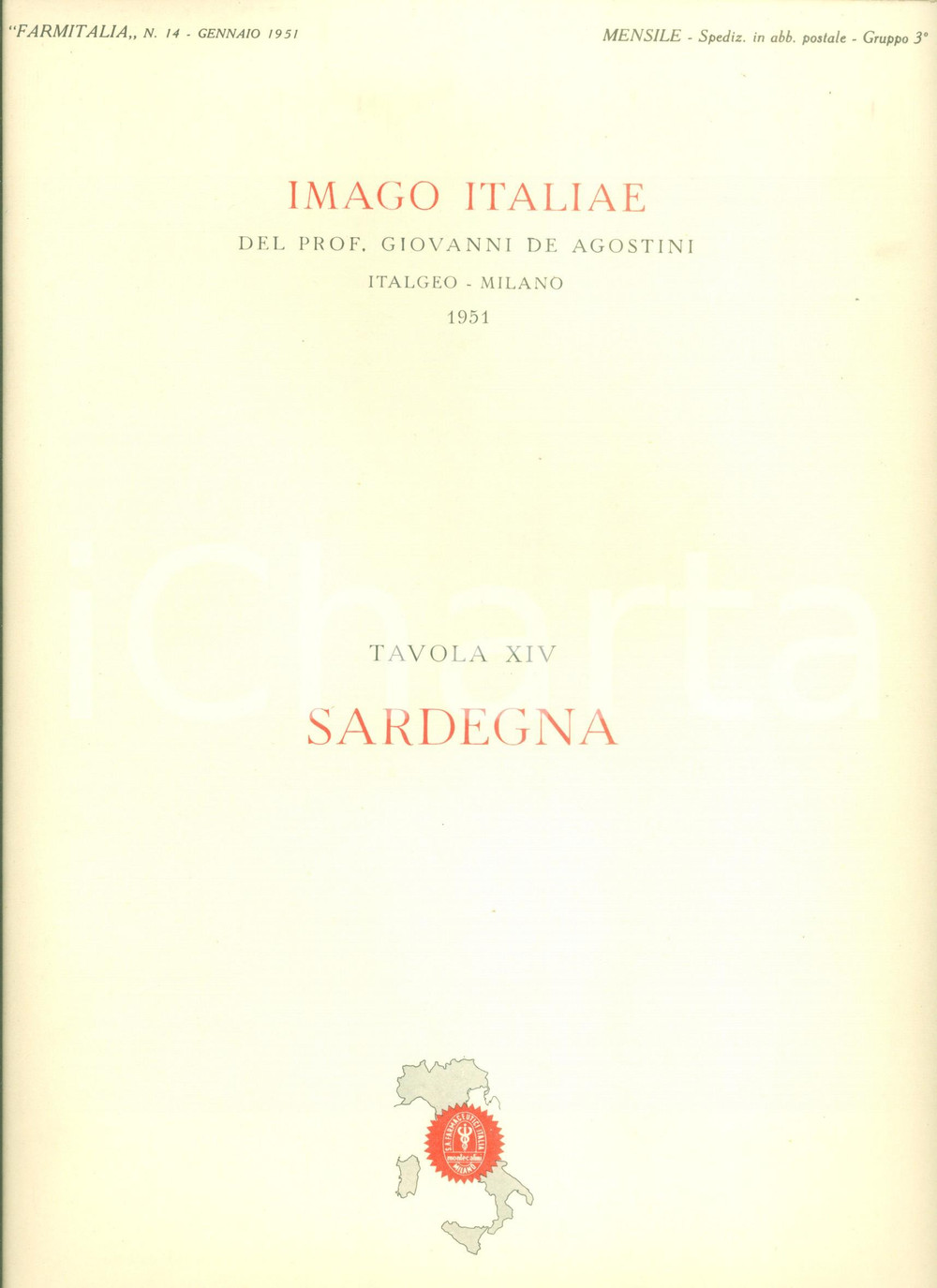 Materiale pubblicitario d’epoca 1951 FARMITALIA IMAGO ITALIAE SardegnaPubblicitÃ  emopoietici 1