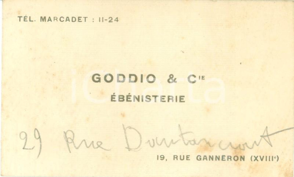 Documento originale, autentico 1920 ca PARIS EbÃ©nisterie GODDIO & C.ie Carte de visite 1
