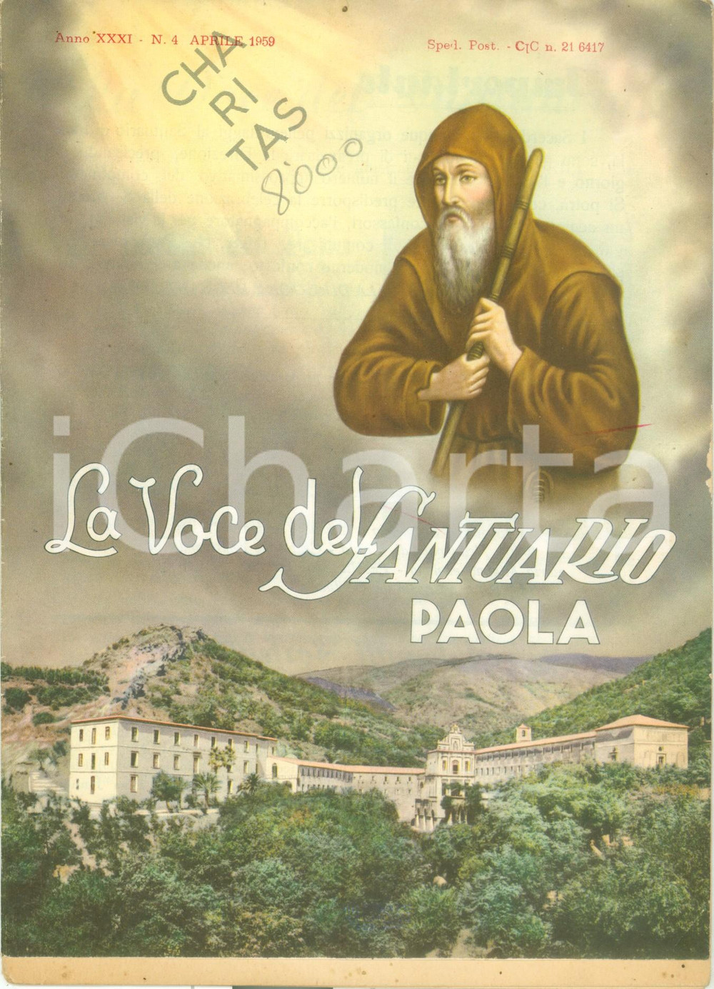 Giornale, rivista storica 1959 PAOLA CS La Voce del Santuario Rivista mensile anno XXXI n. 4 1
