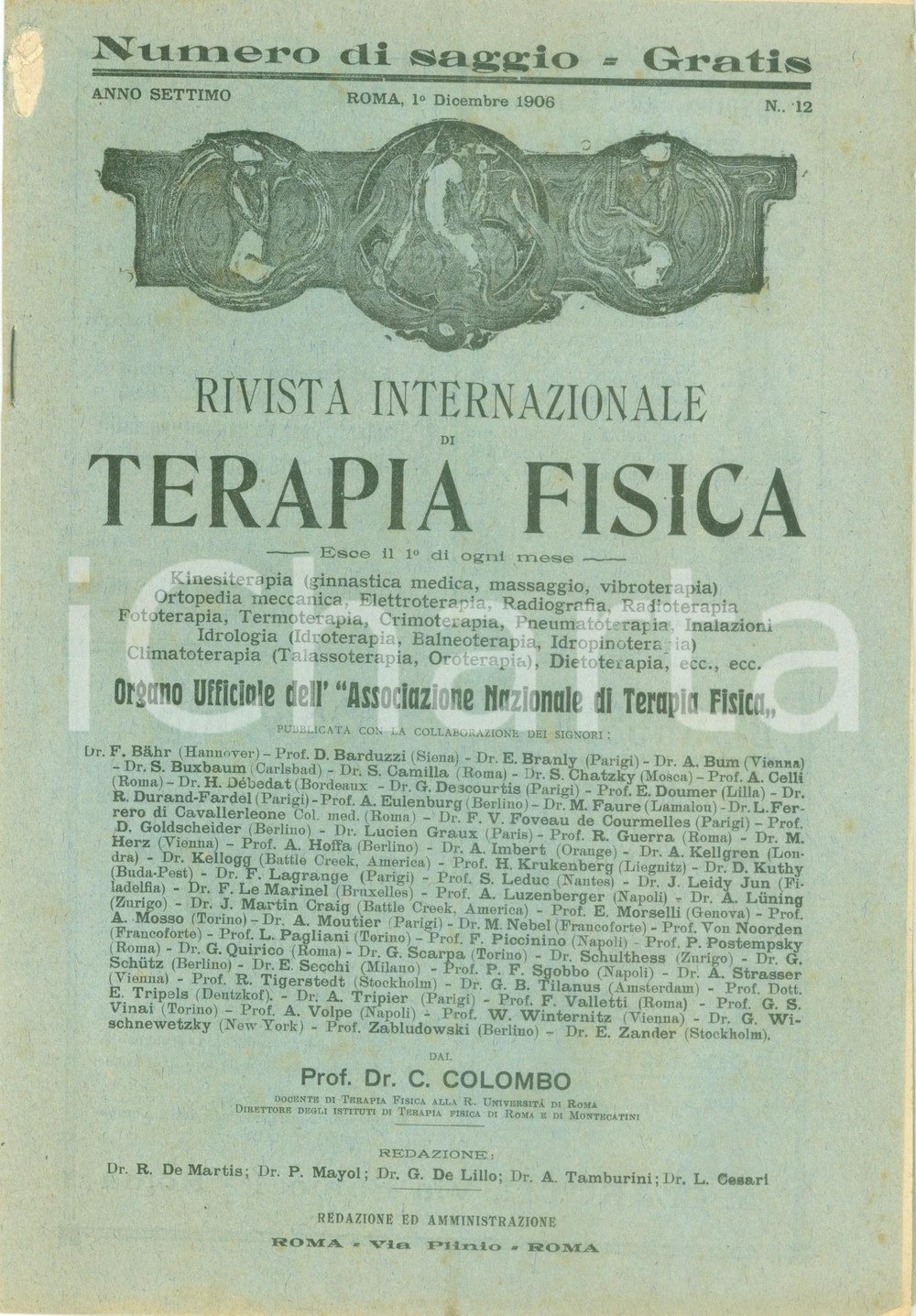 Giornale, rivista storica 1906 Rivista Internazionale TERAPIA FISICA Numero di saggio Anno VII n. 12 1