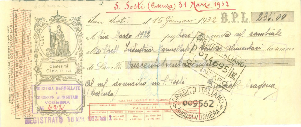 Documento originale, autentico 1932 VOGHERA PV Industria marmellate e conserve alimentari Cambiale 1 1