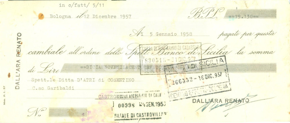 Documento originale, autentico 1958 BOLOGNA Cambiale BANCA POPOLARE DI LODI Danneggiata 1