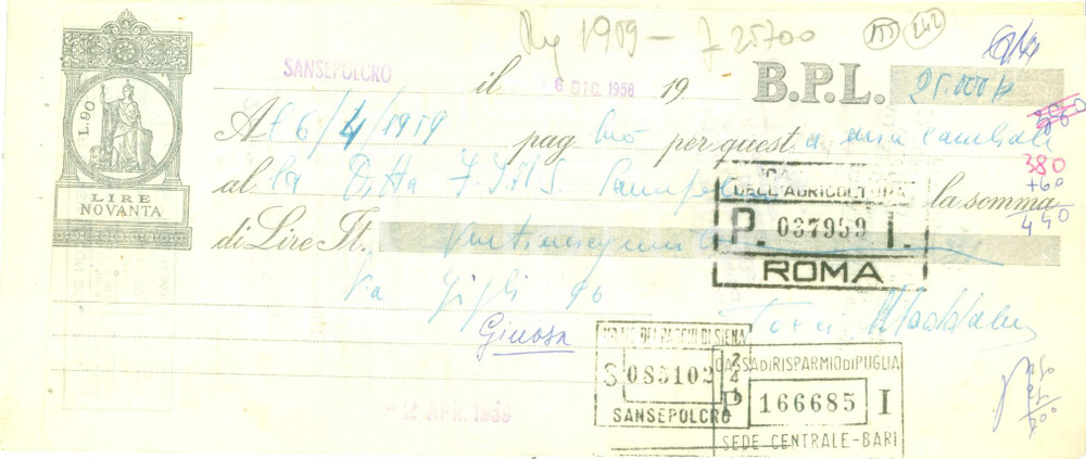 Documento originale, autentico 1958 SANSEPOLCRO AR Cambiale Banca Popolare di LODI con protesto 1
