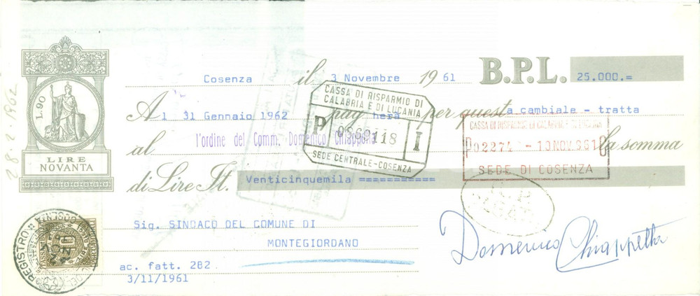 Documento originale, autentico 1961 COSENZA Banca Popolare di LODI Cambiale intestata con timbri 1