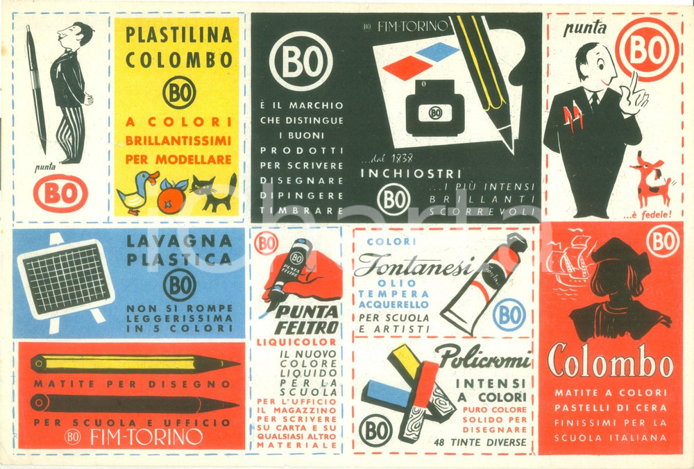 Materiale pubblicitario d’epoca 1950 ca FIMTORINO Plastilina COLOMBO Penne a sfera Punta Bo ILLUSTRATO 1