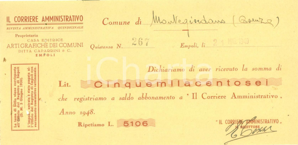 Documento originale, autentico 1949 NAPOLI Il Corriere Amministrativo Ricevuta per abbonamento 1