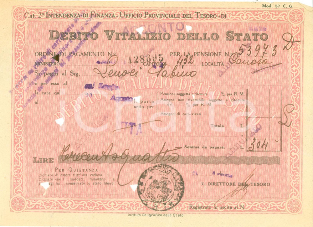Documento originale, autentico 1947 CANOSA DI PUGLIA Certificato Debito Vitalizio dello Stato per Sabino LENOCI 1