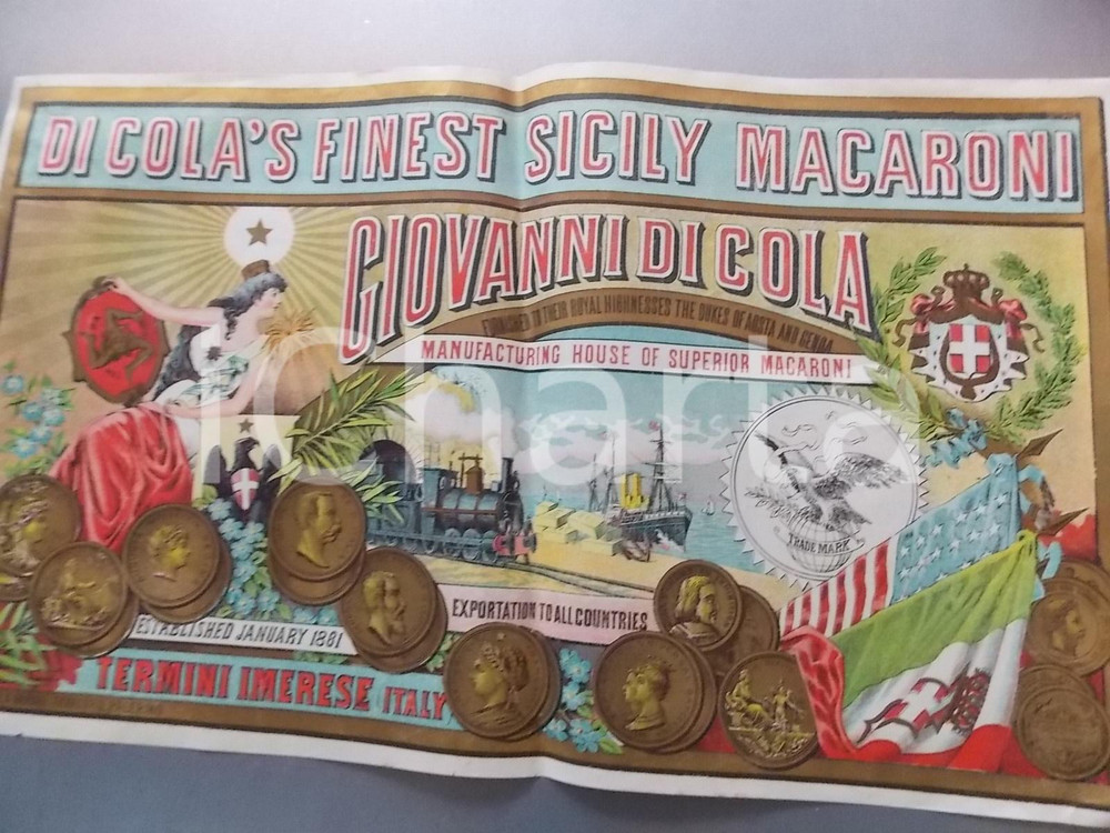 Materiale pubblicitario d’epoca 1900 ca TERMINI IMERESE Giovanni DI COLA Finest Sicily Macaroni MANIFESTINO 1