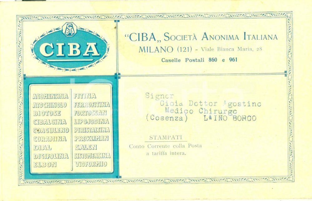 Materiale pubblicitario d’epoca 1935 ca MILANO SocietÃ  Anonima Italian CIBA Opuscolo farmaceutico ILLUSTRATO 1