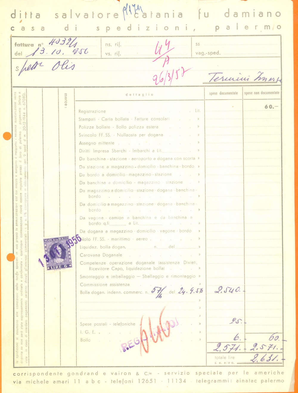 Documento originale, autentico 1956 PALERMO Ditta Salvatore CATANIA Casa di spedizioni Fattura commerciale 1